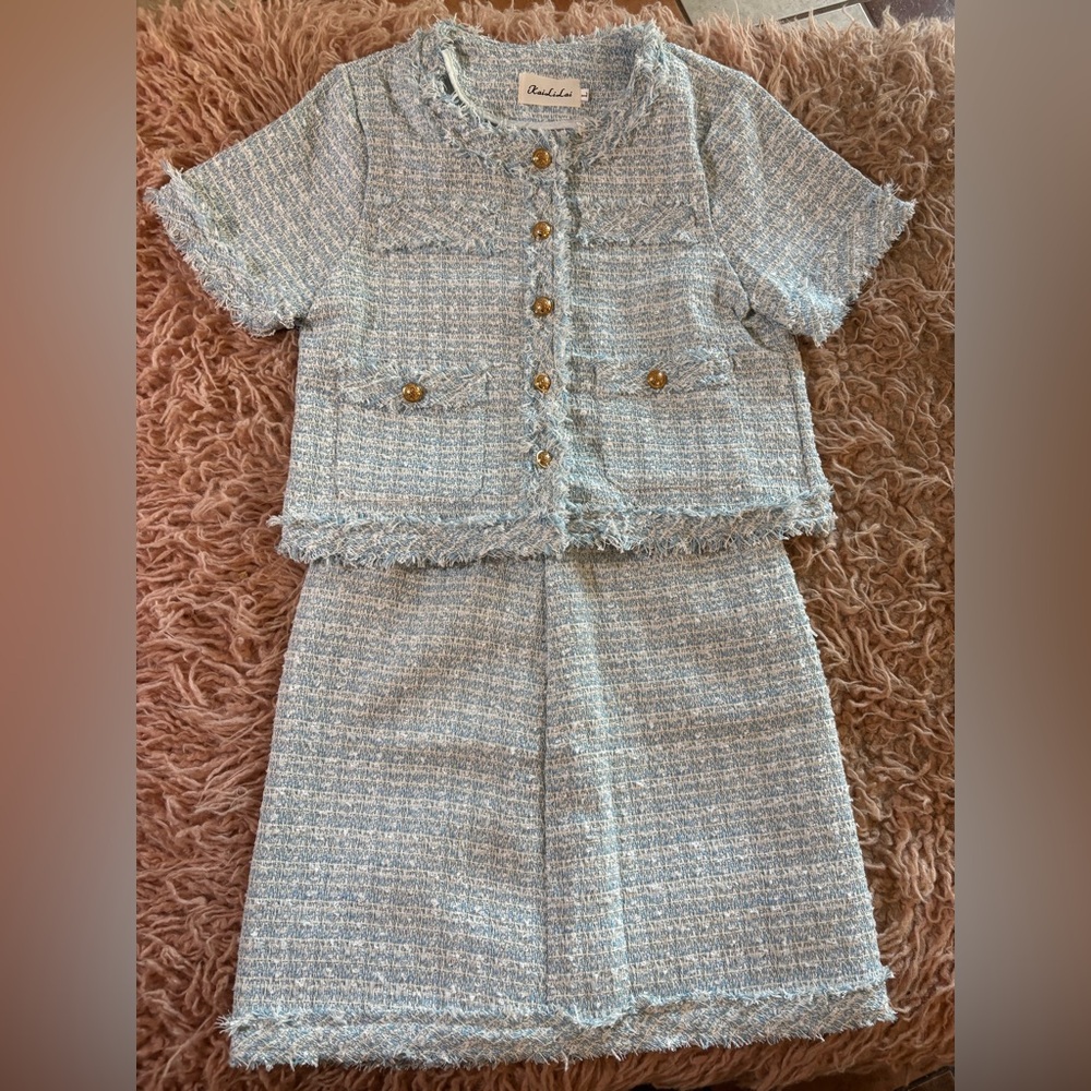 KAILILAI Light Blue Tweed Blazer and Skirt Ensemble